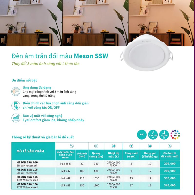 Âm trần Philips LED Meson Đổi màu SSW / 17W (Φ150)